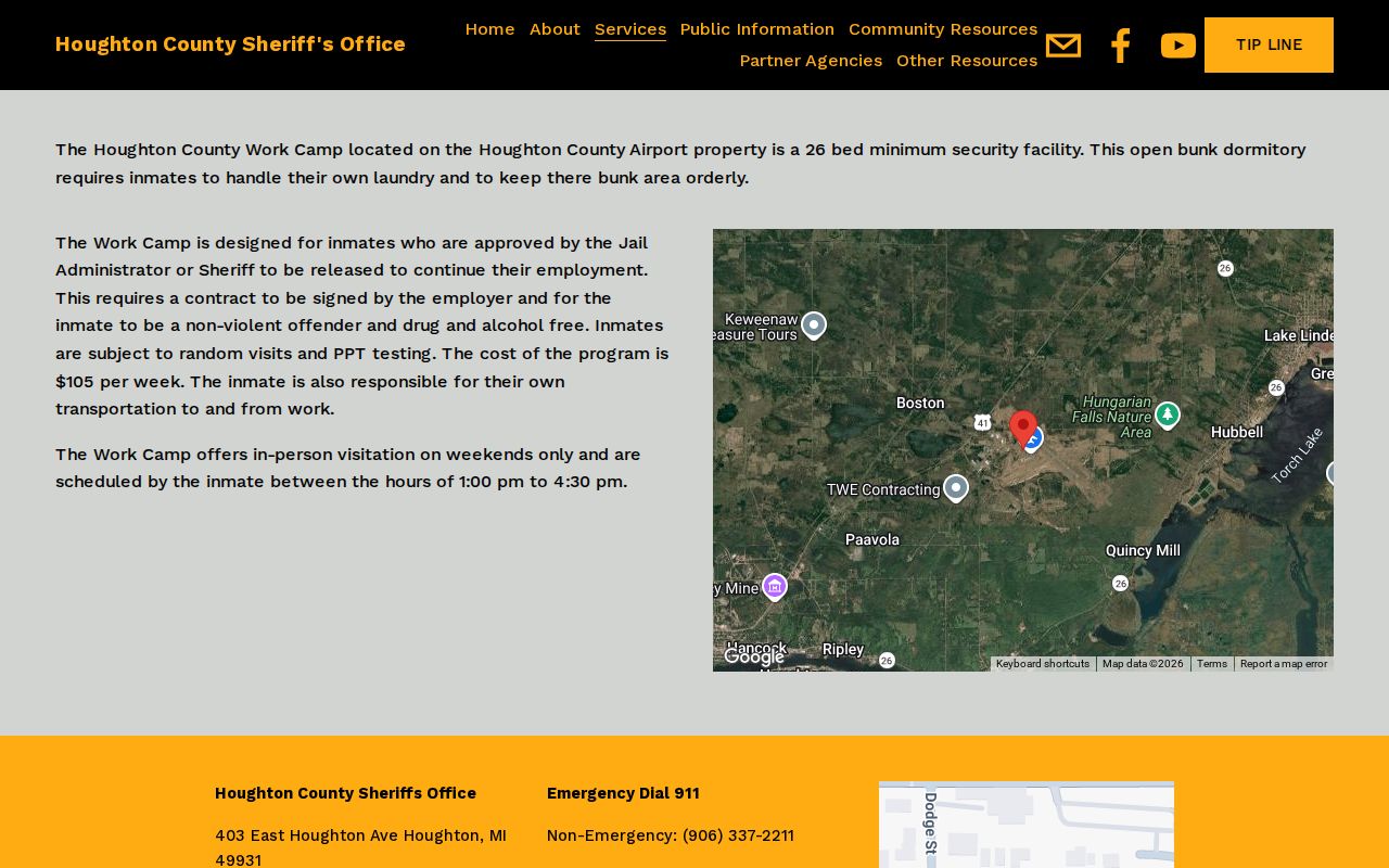 Official Houghton County Sheriff Work Camp page showing facility and program information