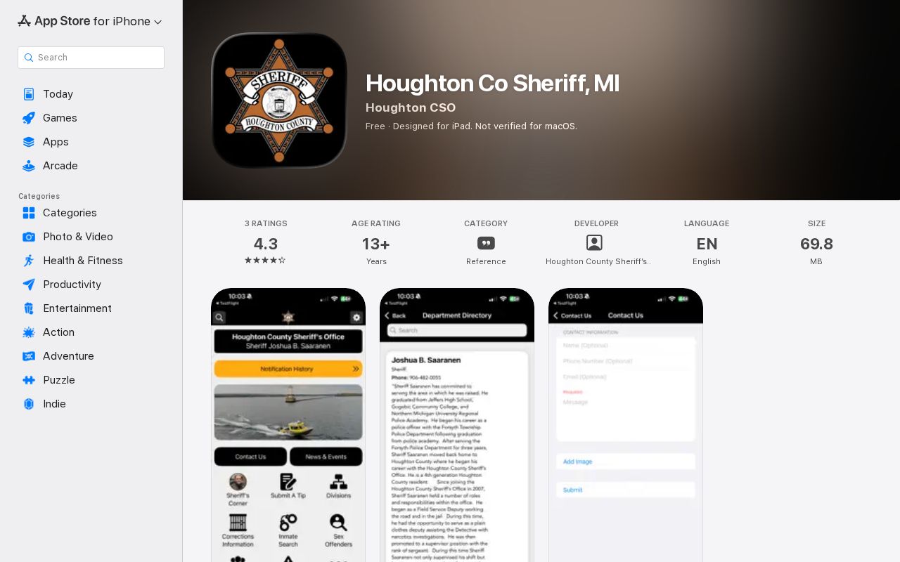 Official Houghton County Sheriff app listing for released mugshot checks