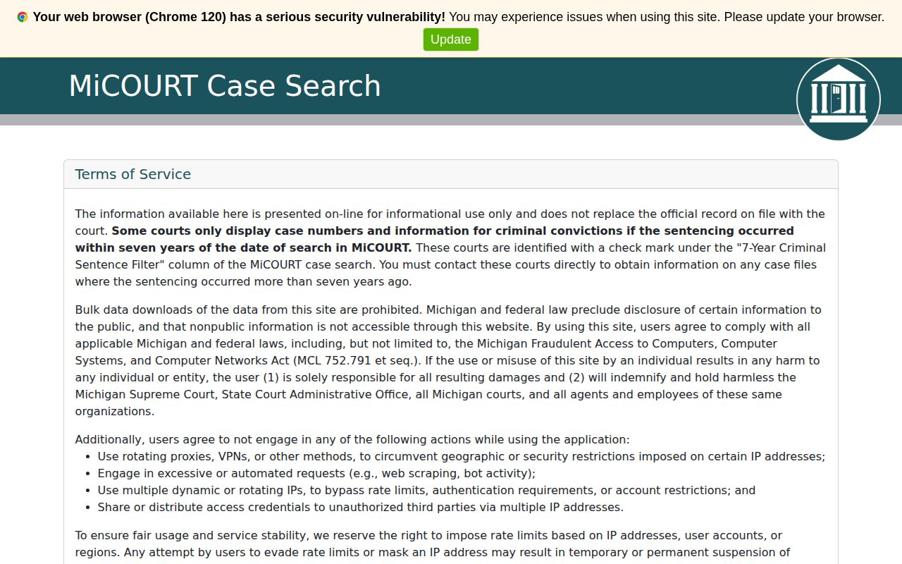 MiCOURT case search for Houghton County release records