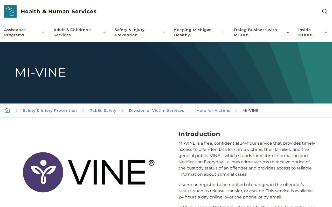 Official Michigan MI-VINE release notification guidance for Houghton County