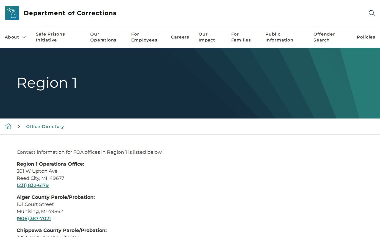 Houghton County parole and probation Region 1 office directory